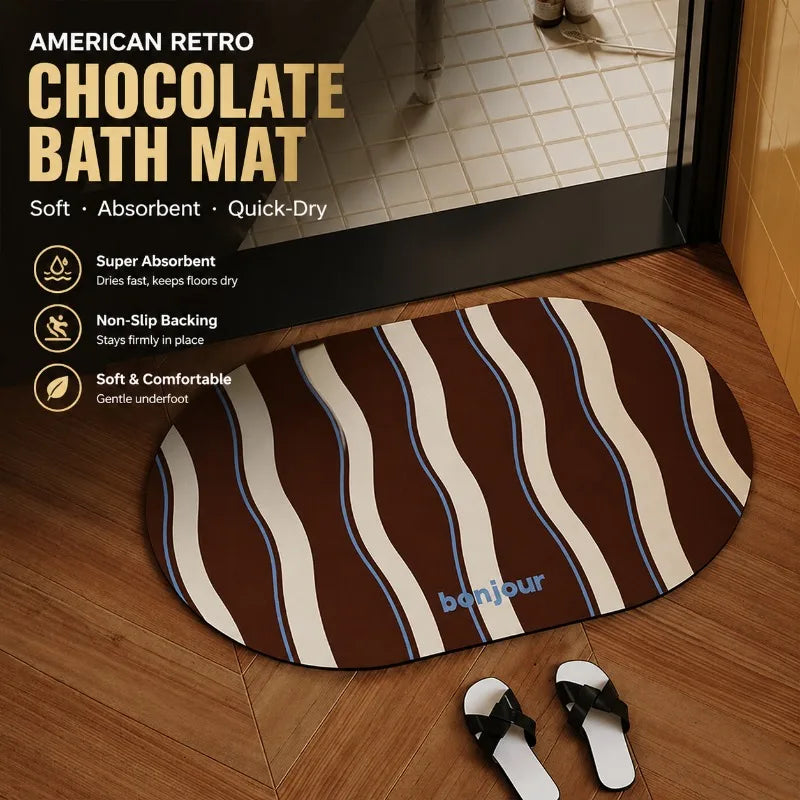 tapis bain marron beige bleu rayures ondulées retro absorbant antidérapant intérieur PVC