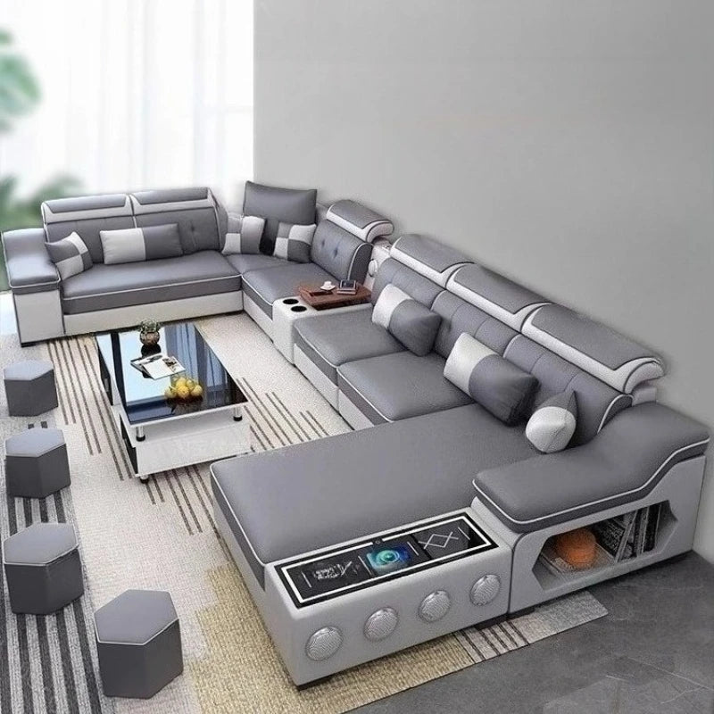 canapé angle gris moderne simili cuir table basse intégrée rangements salon