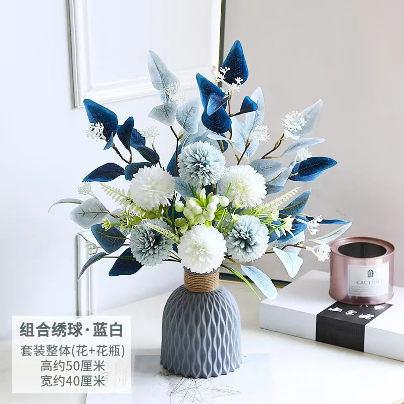 bouquet artificiel moderne fleurs boules feuilles vertes bleu blanc rouge