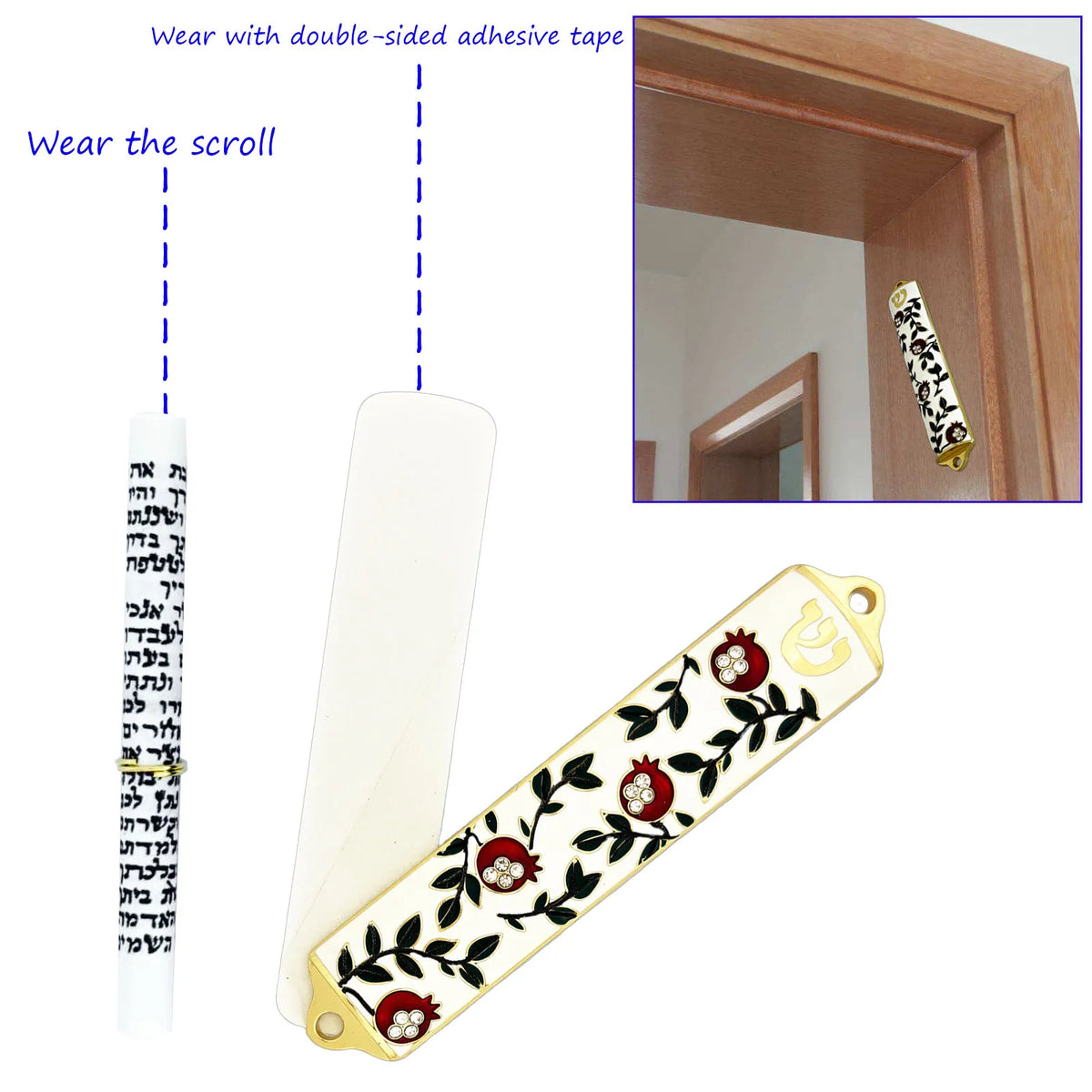 décoration religieuse mezuzah noir blanc doré pommegranate vine hébreux floral motifs rectangle