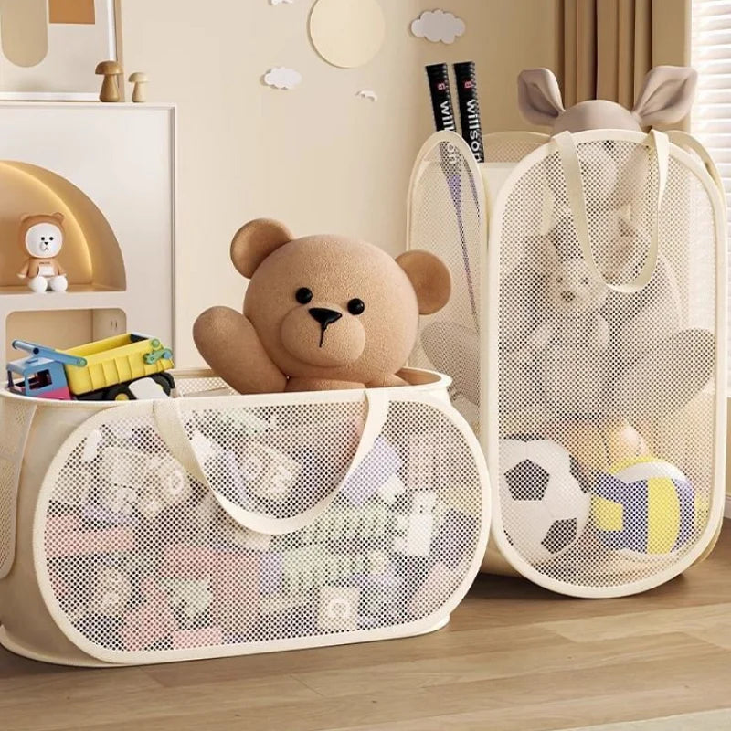 panier rangement pliable tissu polyestère métal jouets enfants moderne crème vanille maille aérée semi