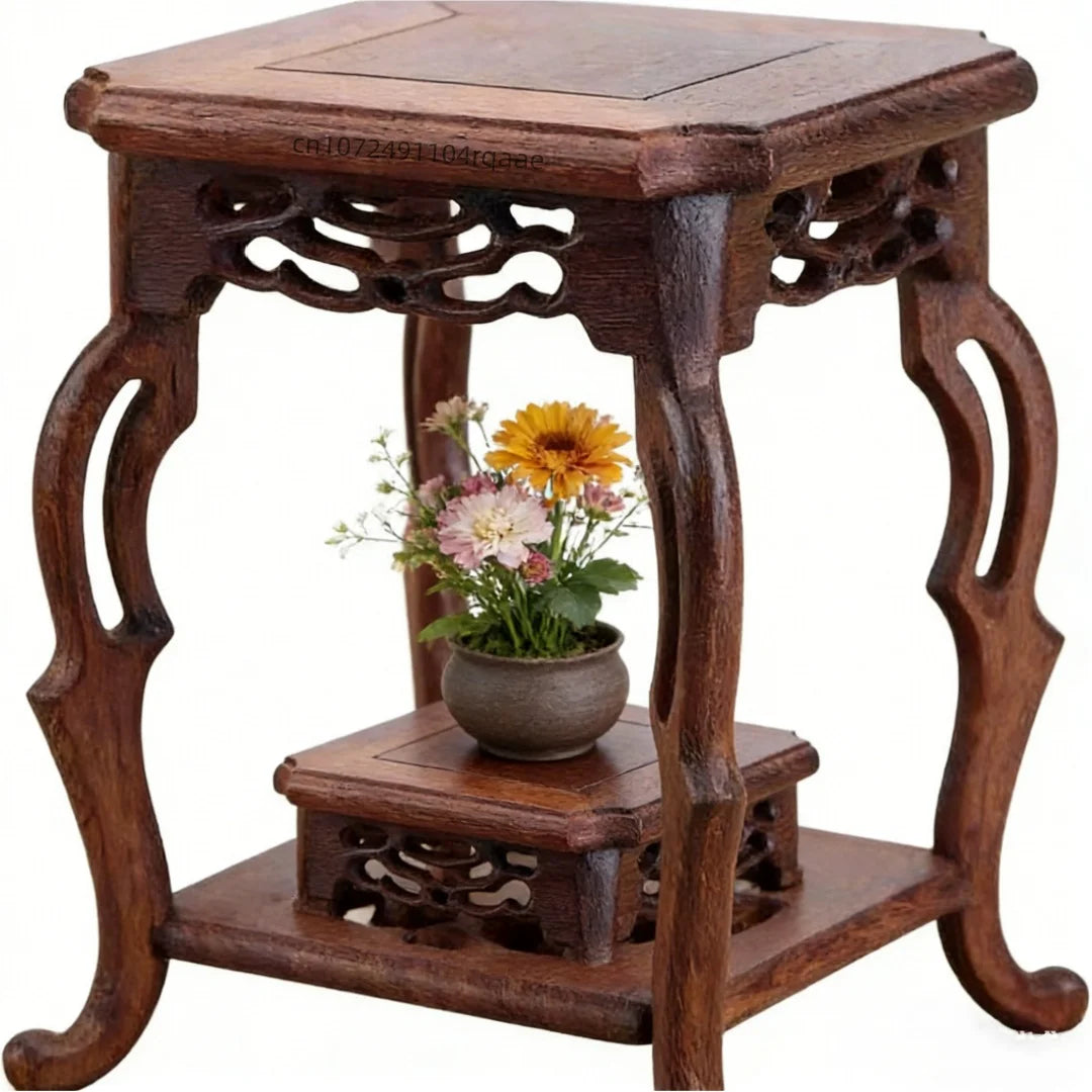 table d'appoint bois classique décor sculpté marron foncé plante pot théière branche cerisier fleurs