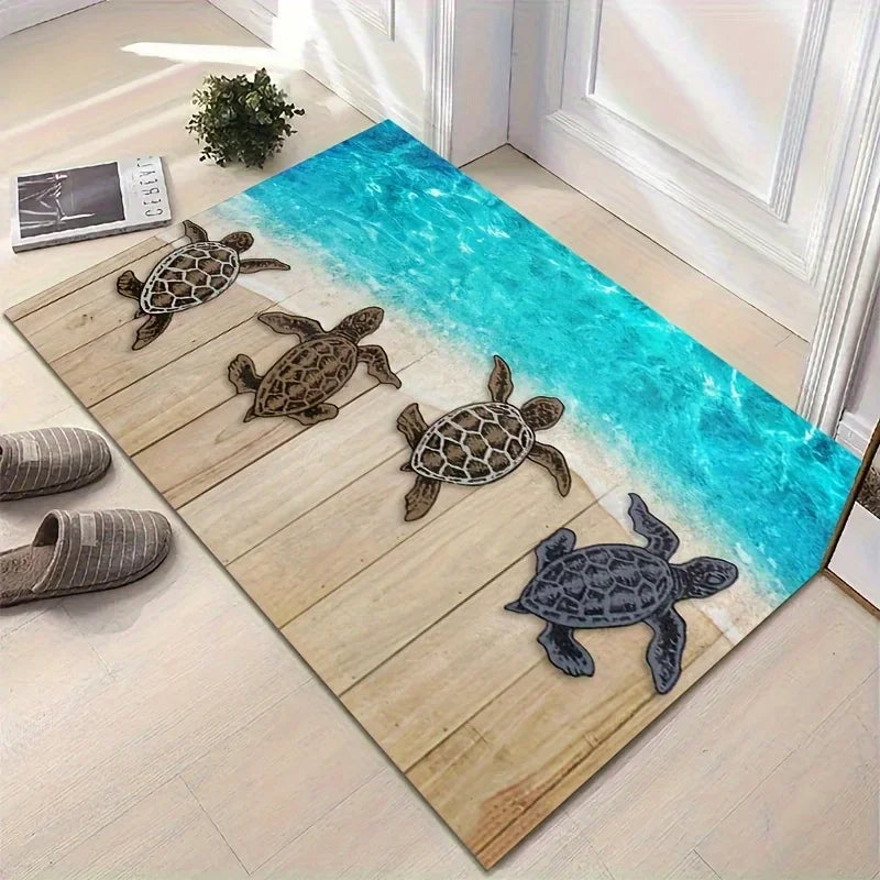 tapis sol marin coquillages vagues bleu blanc moderne antidérapant résistant decoloration chambre bain salon