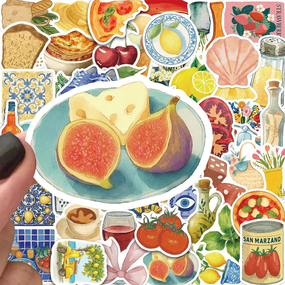 sticker illustration aliments fruits légumes fromages pizzas multicolore scrapbook téléphone portable