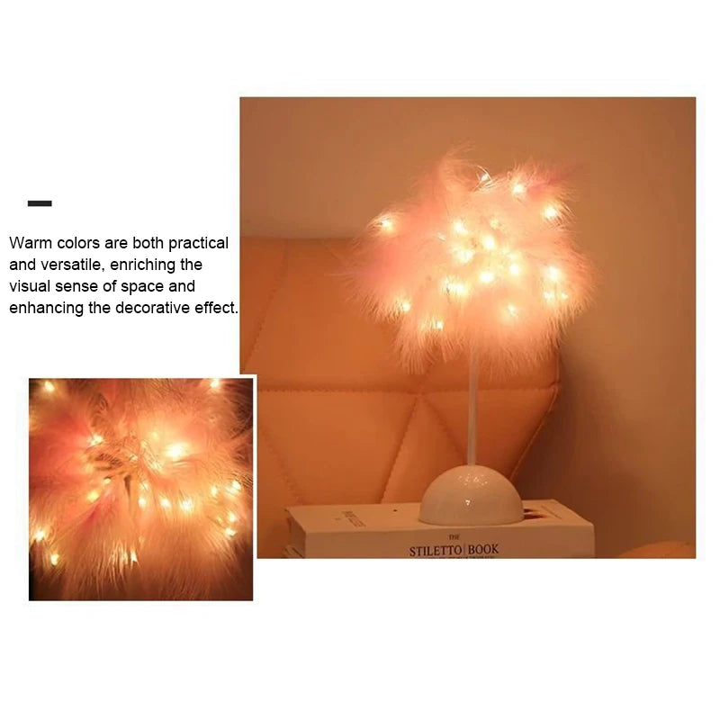 lampe arbre plumes guirlande led rose blanche dorée décoration bohème moderne chambre