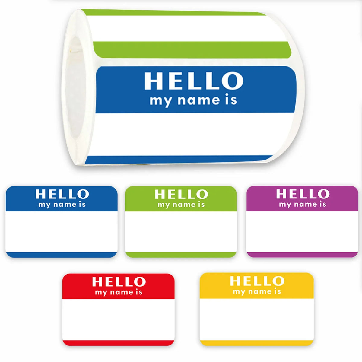 étiquettes autocollantes rectangulaires blanc orange violet texte HELLO my name is école rouleau 300