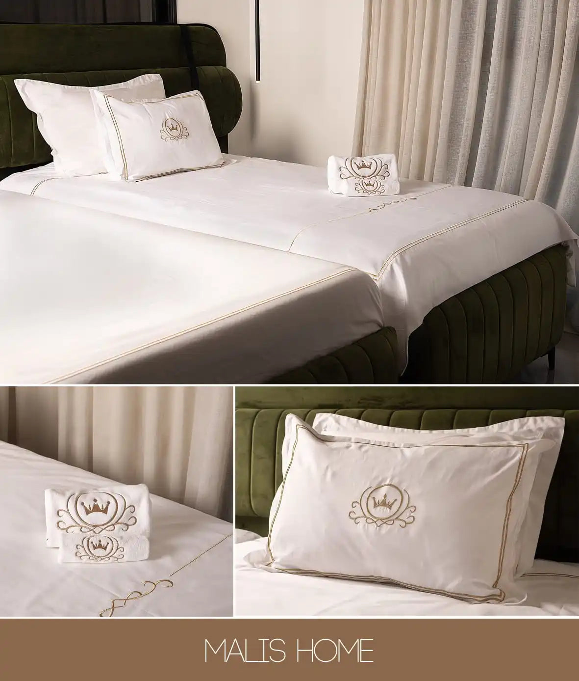 draps coton brodés couronne élégants oreillers couette literie chambre blanc motifs floraux