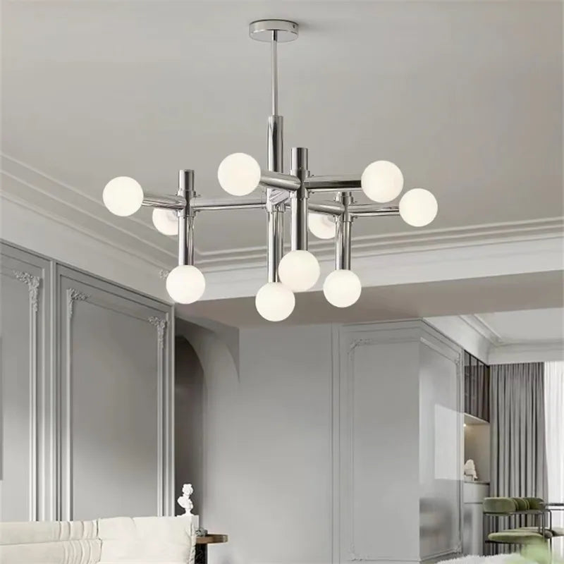 Suspension lumineuse moderne sphères translucides chrome blanc 13 têtes LED