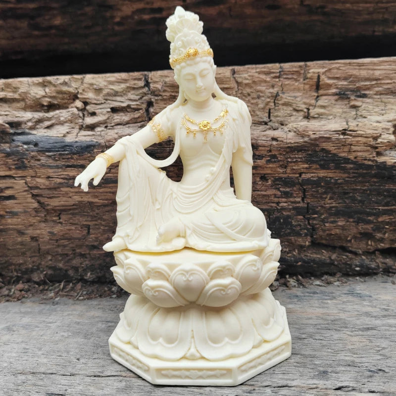 statue bouddhiste résine figure féminine lotus socle floral décoration intérieure inspiration zen traditionnelle asiatique