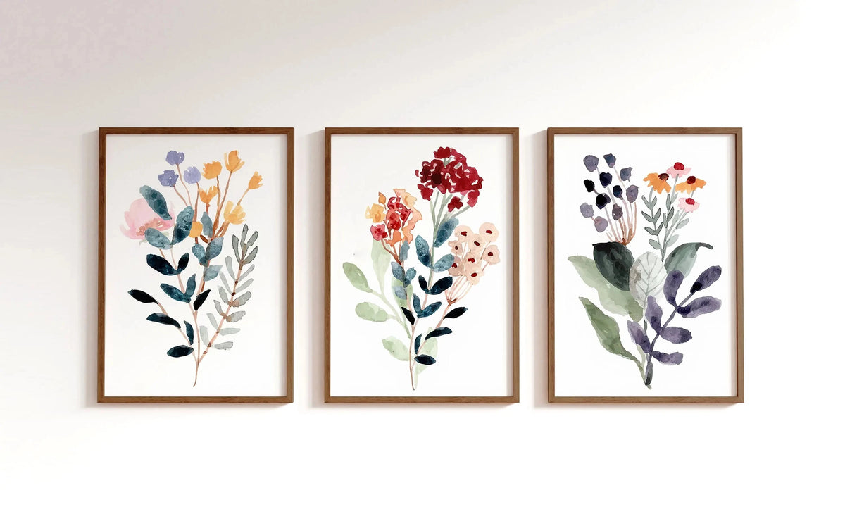 affiches art contemporain fleurs stylisées multicolores cadres bois chambre enfant decoration moderne