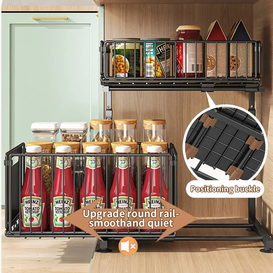 rangement sous évier coulissant métal noir gris clair moderne bocaux bouteilles ketchup huile rouleaux