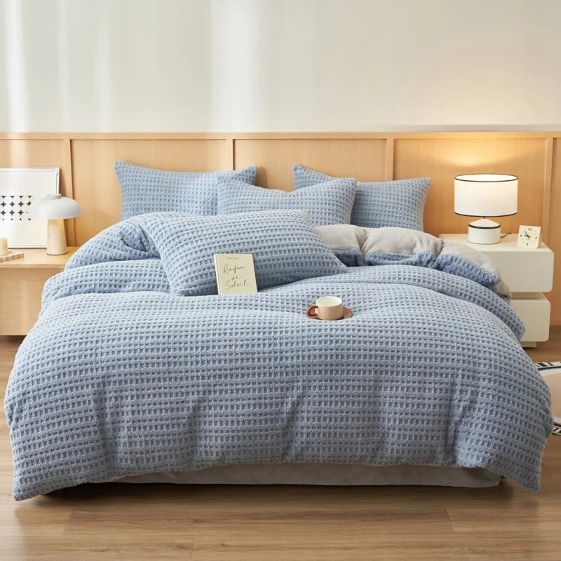 ensemble literie moderne 100 polyester polaire douceur beige bleuclair taiesoreiller couverture doubleface king size