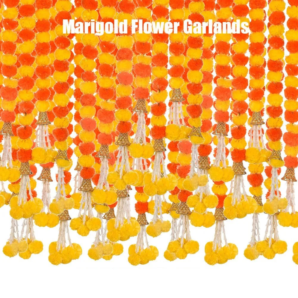 guirlande fleurs artificielles marigold d'Inde orange jaune rouge festives décoration pompons clochettes festive indienne