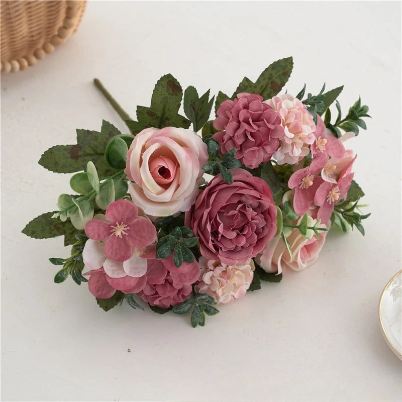 Bouquet artificiel roses blancs feuilles vertes décoration intérieure mariage romantique classique 30cm