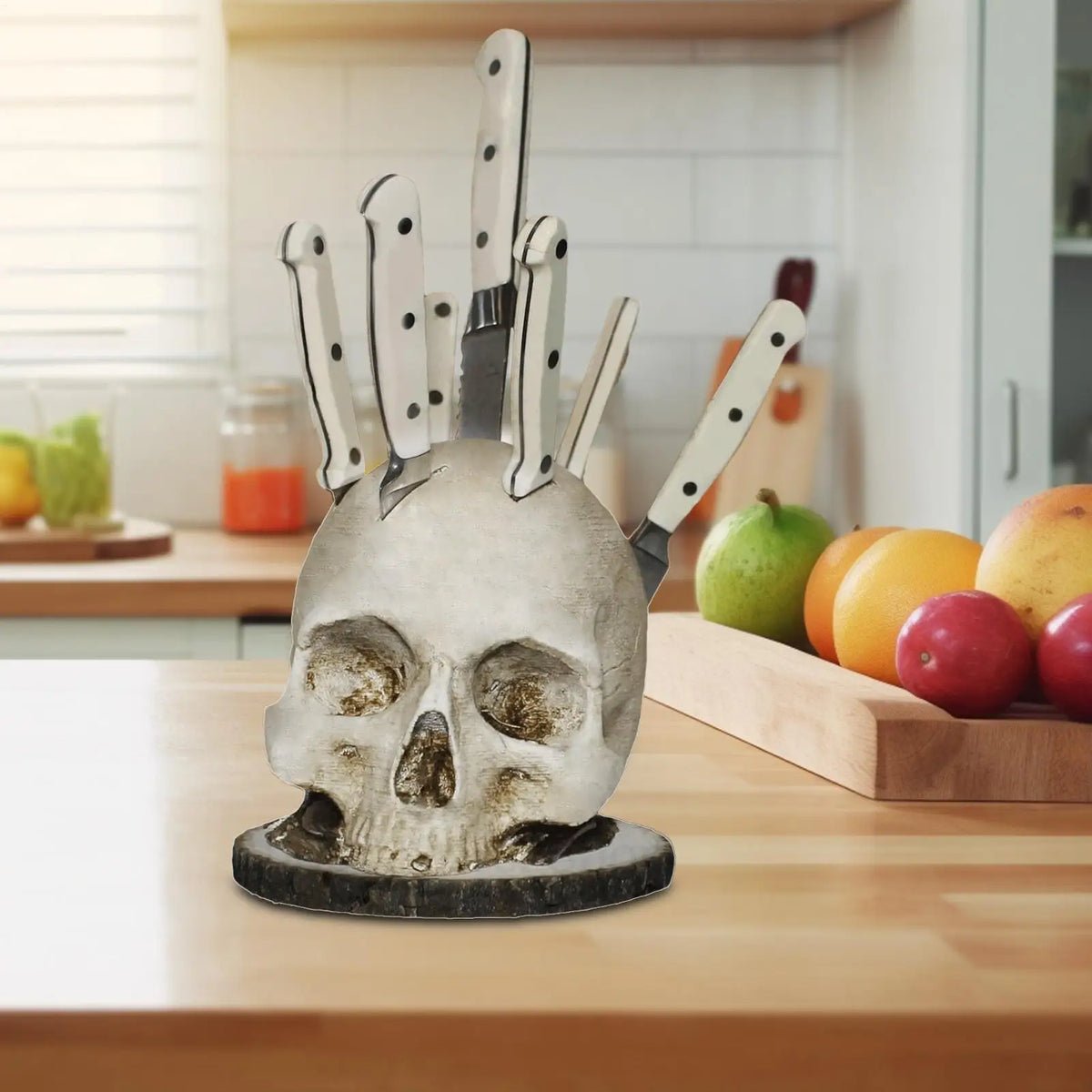 rangement couteaux tête mort sculptée texture granuleuse détails sombres réaliste gris blancversible polyester okolets