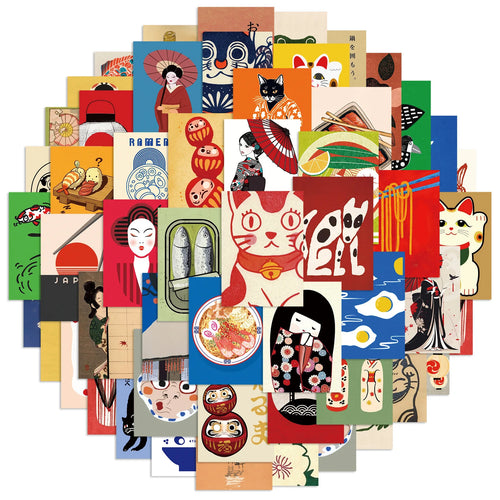 autocollants japonais graphiques maneki neko geisha adhésifs collection motifs traditionnels variés pack 50pcs