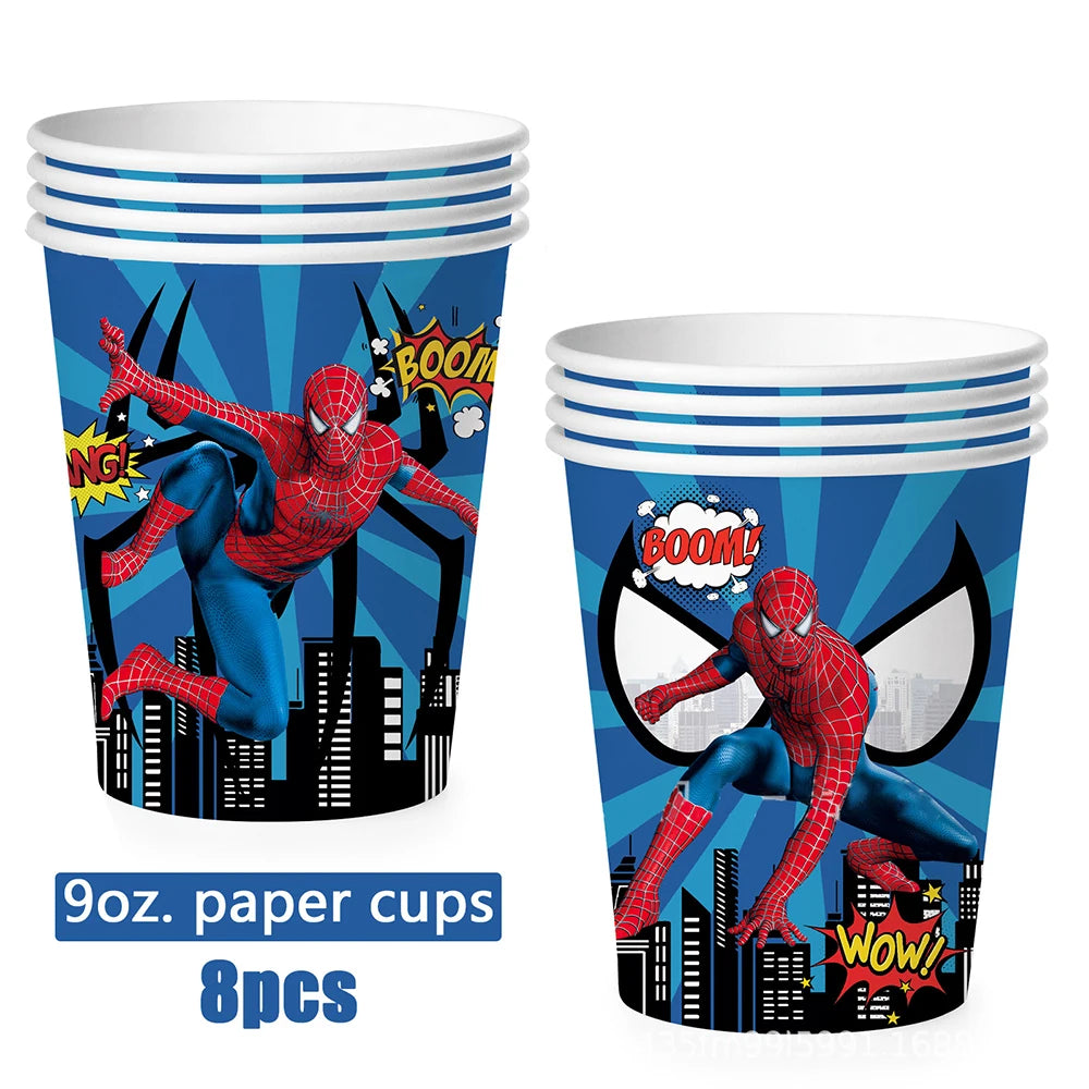 ensemble décoration anniversaire spider man vaisselle jetable nappe assiettes gobelets banderole ballons rouges