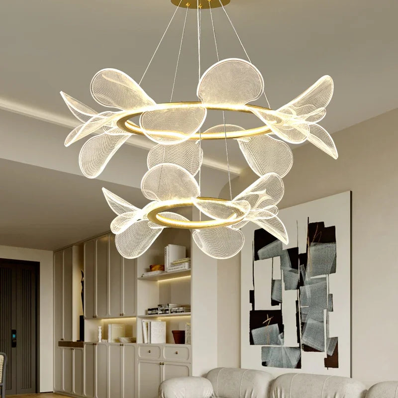 suspension lumineuse moderne acrylique blanc doré fine maille salon chambrehôtel
