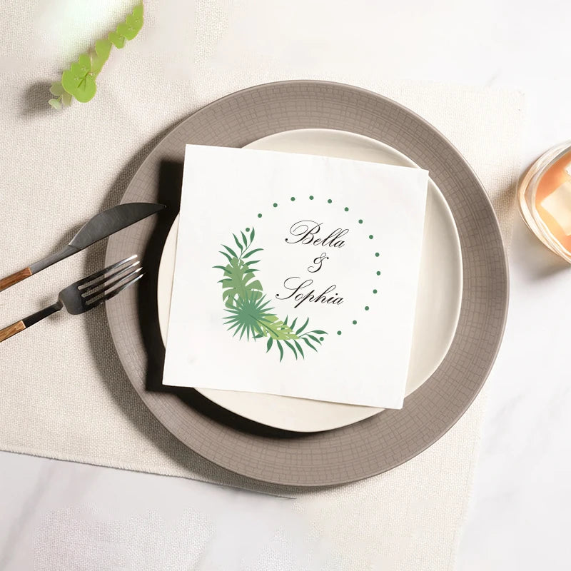 serviettes jetables blanc motif floral calligraphie dorée élégantes mariage anniversaire fêtes variées