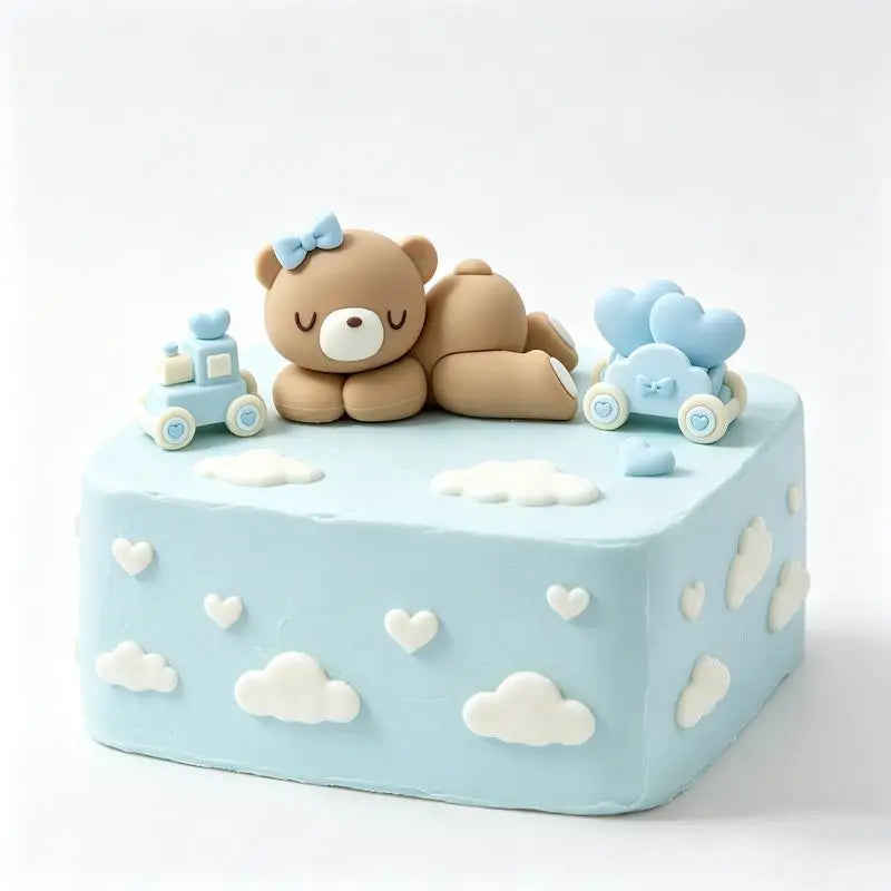décoration gâteau anniversaire ours bleu rose voiture dessin animé nuages coeurs enfant festive résine