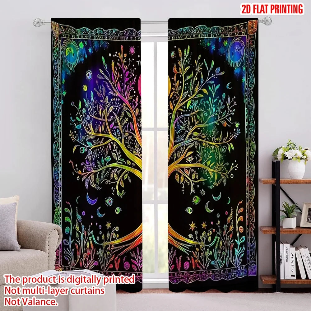 rideau boho arbre vie noir rouge orange jaune vert bleu violet floral opacité classique