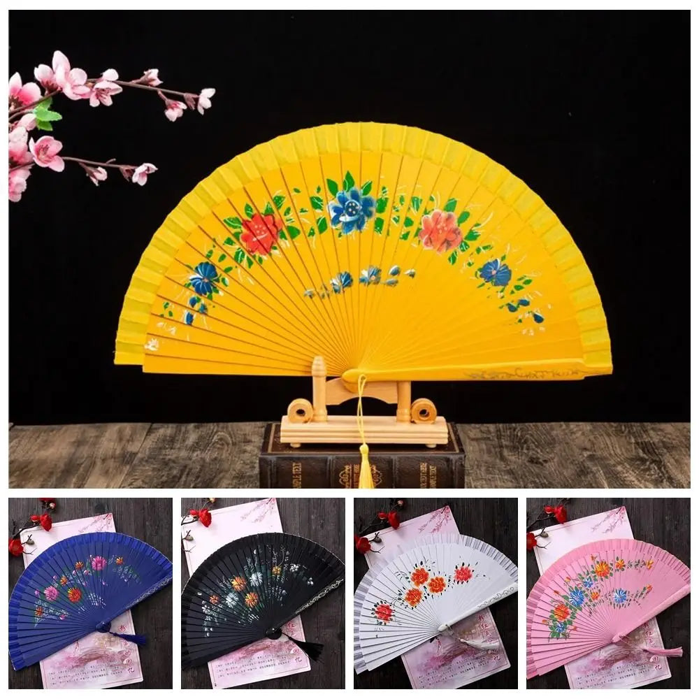 éventail pliant traditionnel fleurs colorées noir jaune rose bleu vert rouge tassel opacité