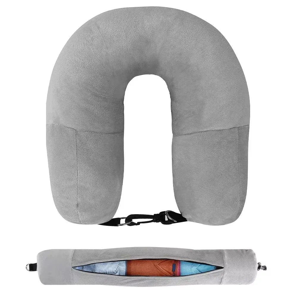 coussin voyage velours gris bleu forme remplissable clips poignées transport