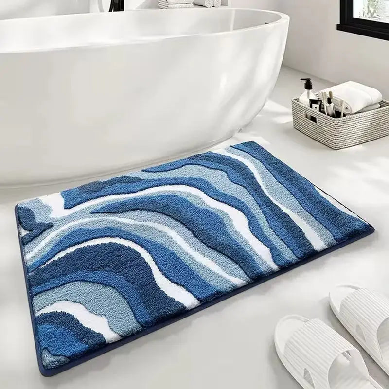 tapis bain polyester doux absorbant moderne vert gris beige bleu blanc ondulé geometrique