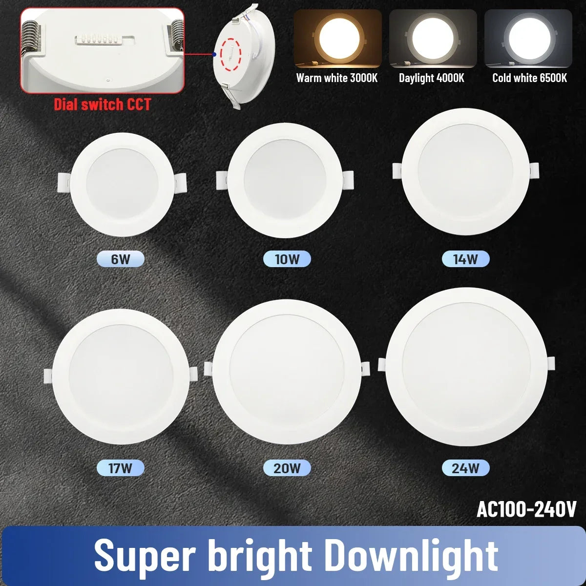 spots led encastrables blancs modernes 120° clips fixation 100lm/w 10w 24w 2.5c 8c