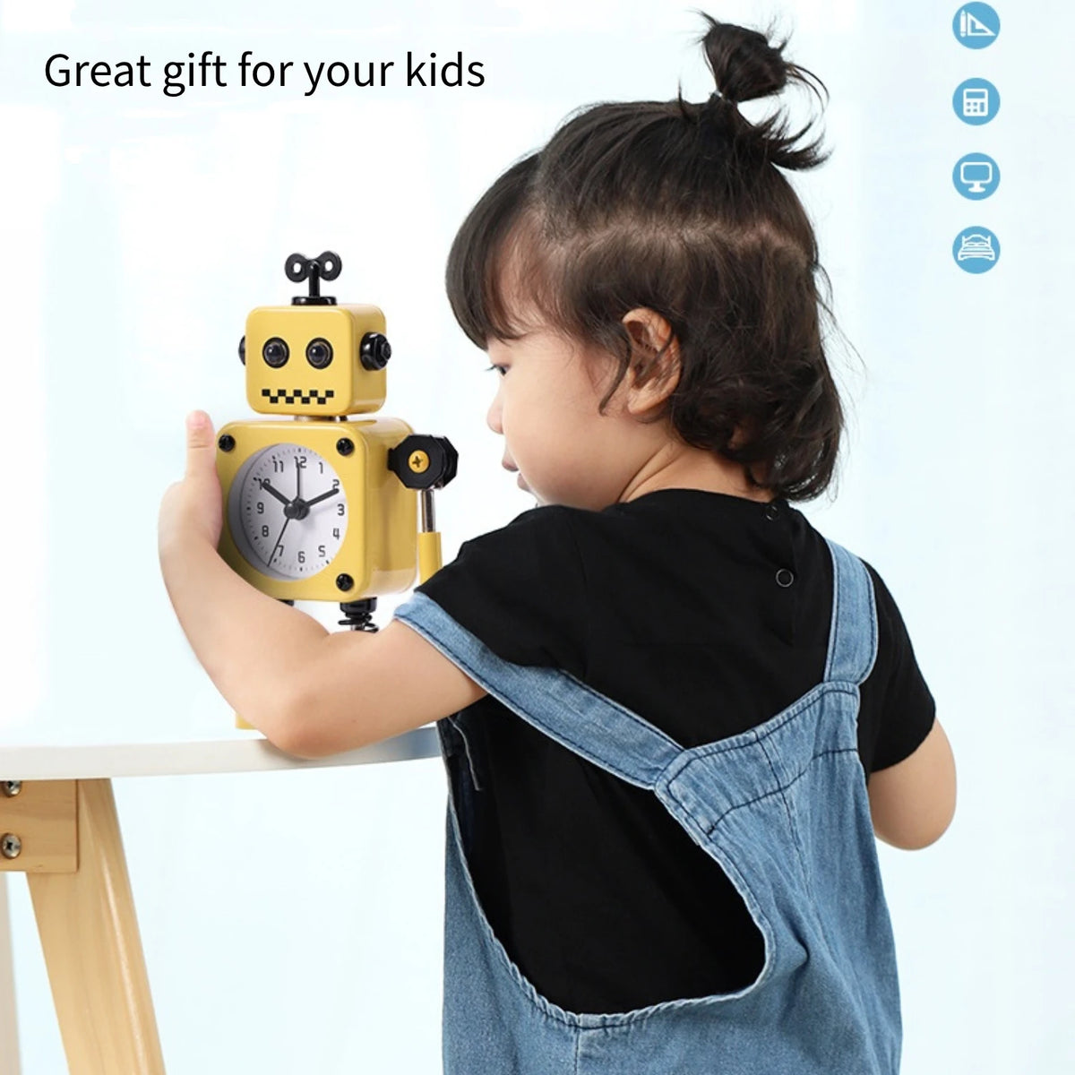 horloge robotique bleu jaune souriant vintage visage carré articulations batteries non fournies