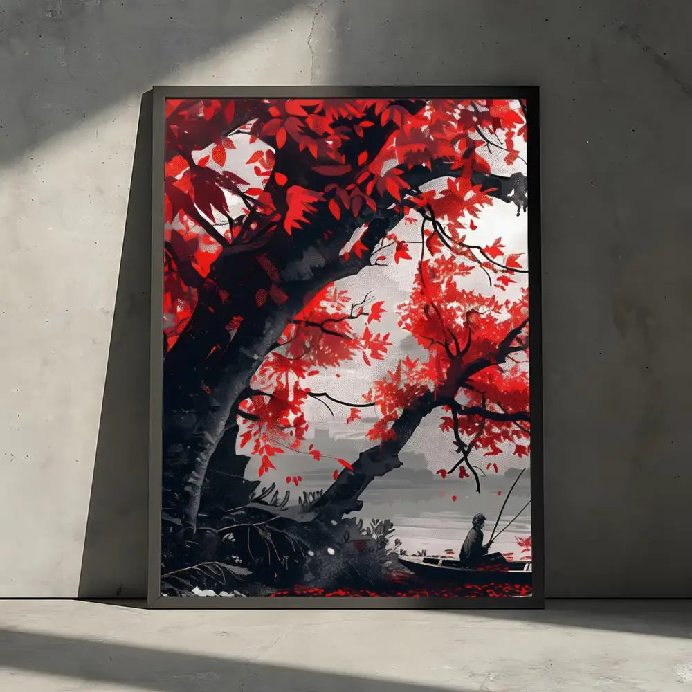 paysage japonais montagne lac pagode tableau rouge noir blanc gris sans cadre art contemporain