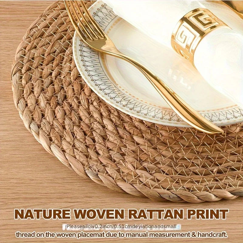 tapis table rustique tissé main spirale naturel 30cm 18cm farmhouse decoration assiettes couverts dorés