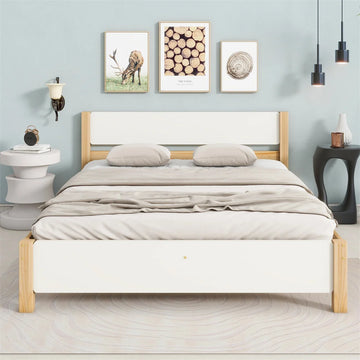 Lit double en bois de pin avec tête de lit MDF blanc, design naturel et élégant
