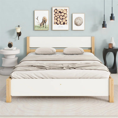 Lit double en bois de pin avec tête de lit MDF blanc, design naturel et élégant