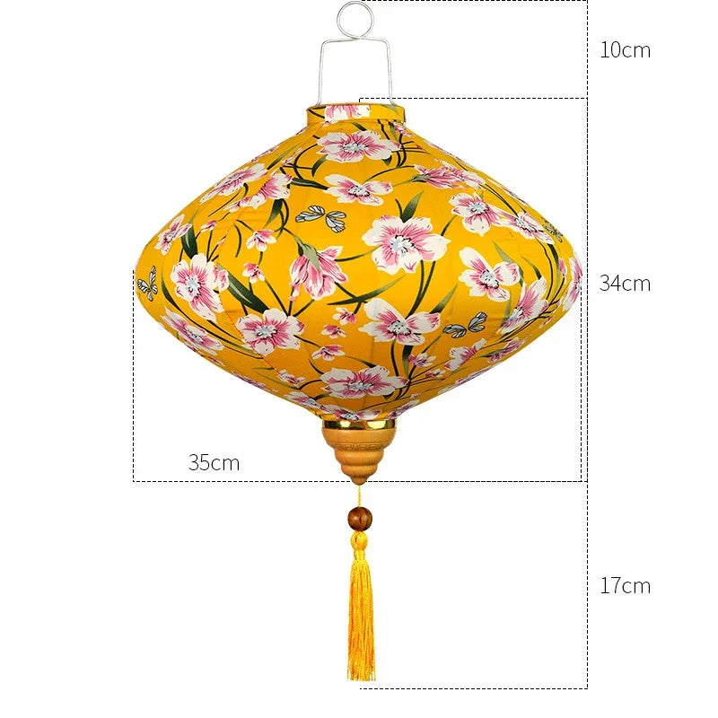 lanterne japonaise traditionnelle rouge fleurs décorative artisanale pompon bois suspendue