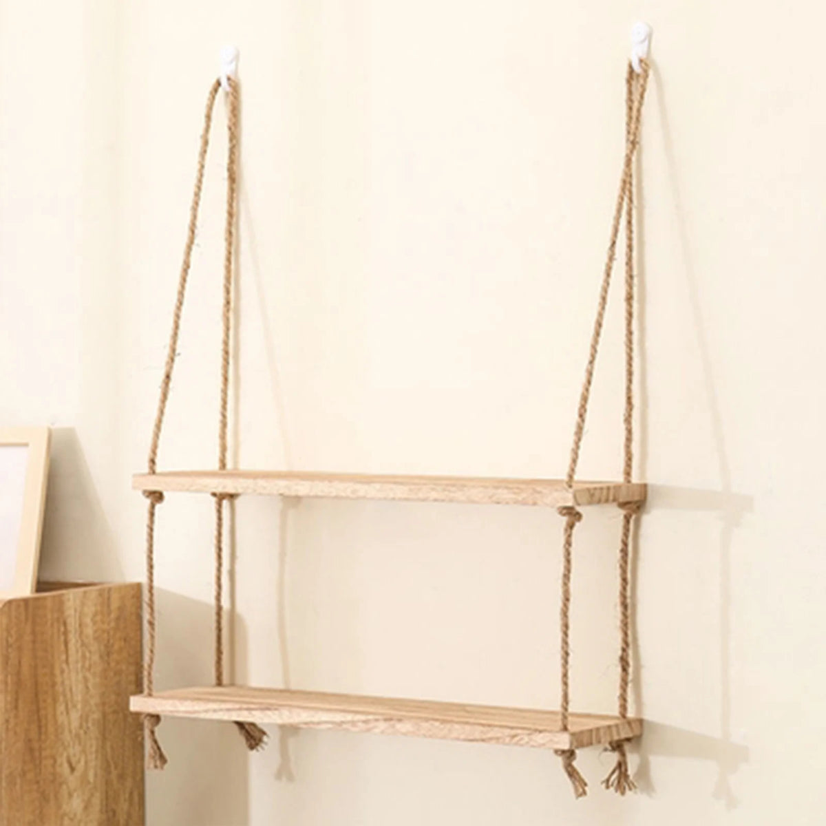 étagère suspendue bois naturel rustique boho chic corde nouée salle bain chambre
