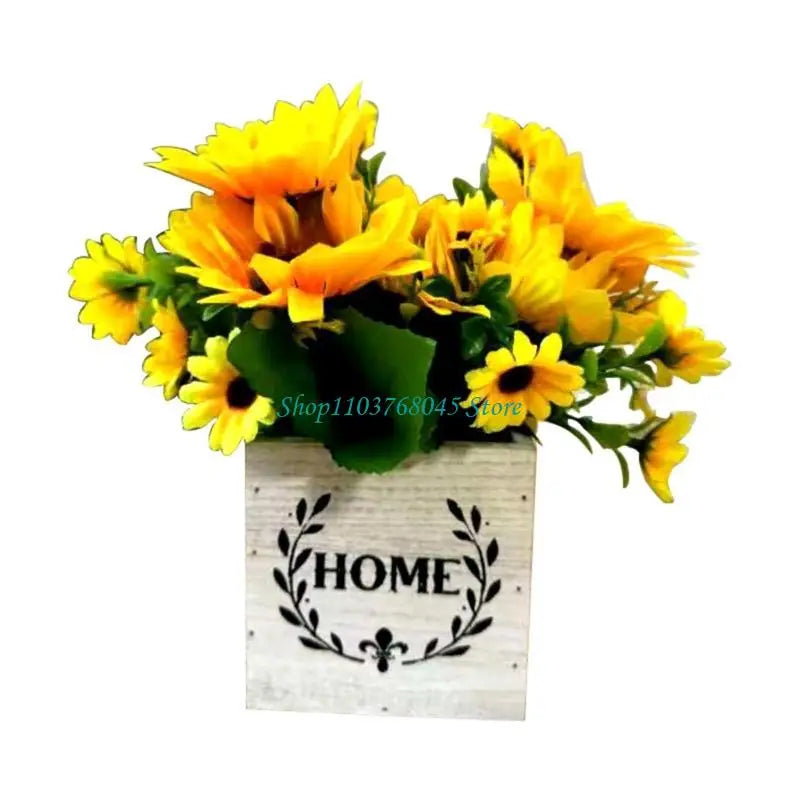 bouquet fleurs artificielles jaune vert boite bois decoration intérieure rustique minimaliste