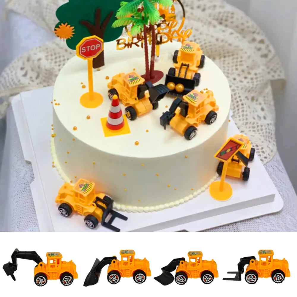 décoration gâteau anniversaire enfant construction tracteur excavatrice bulldozer panneaux signalisation jaune noir
