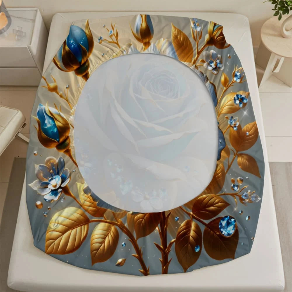 drap housse bleu roses dorées strass lit simple double queen king decoration chambre floral