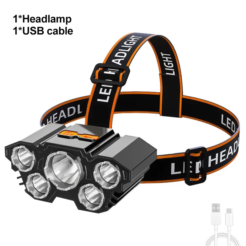 lampe frontale led rechargeable noire bandes orange gris camping aventure pêche torchon adjustable élastique