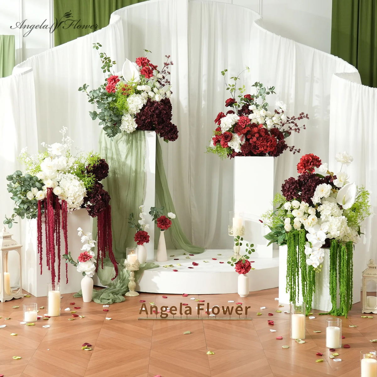 décoration événement bouquet fleurs artificielles rouge blanches vertes extérieur intérieur classique