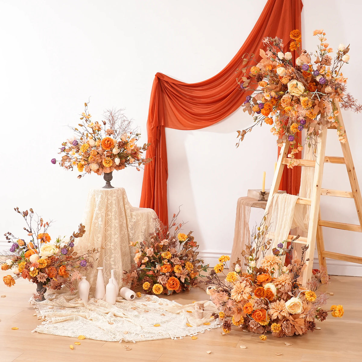 décoration boho chic bouquet fleurs artificielles orange rose table extérieur événement