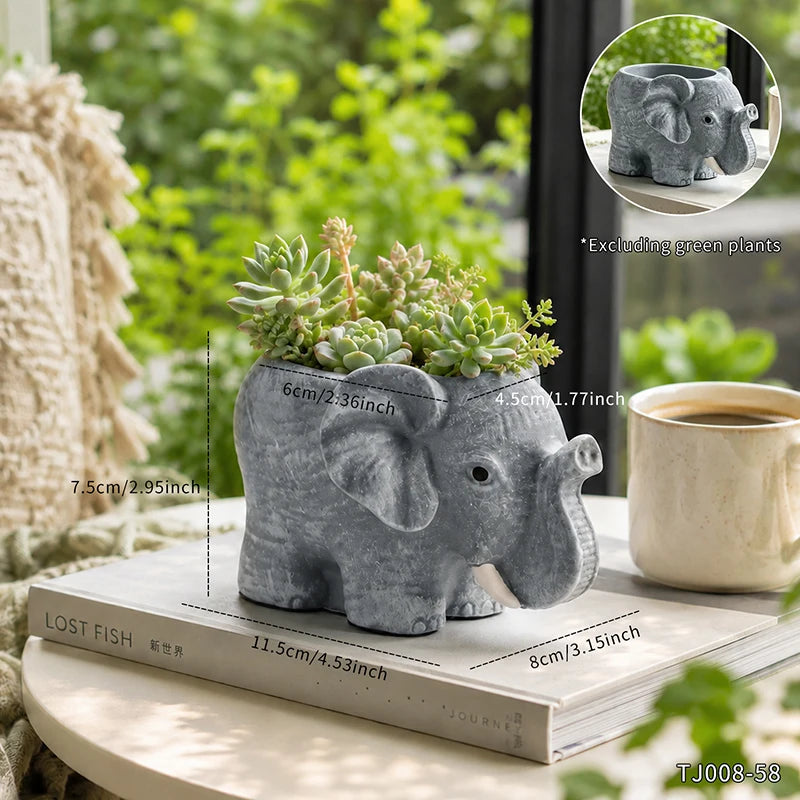 pots fleurs forme éléphant gris clair aspect texturé effet pierre decoratif animalier succulentes differentes