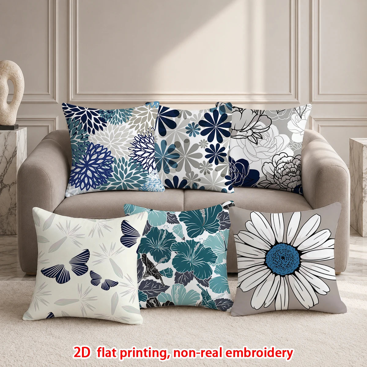 housse coussin carrée décorative motif floral papillon bleu gris blanc salon chambre moderne polyester