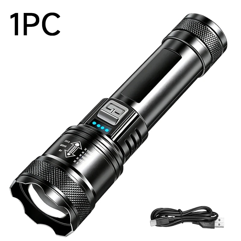 lampe torche led rechargeable zoom télescopique lumière intense mode réglable rainures antidérapantes noire moderne