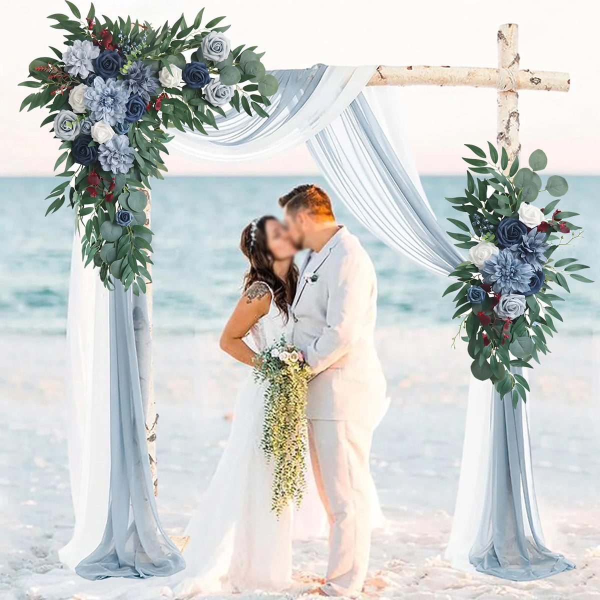 arche mariage fleurs artificielles bleu blanc feuilles vertes tissu translucide naturel romantiqueextérieurDecorationBoho