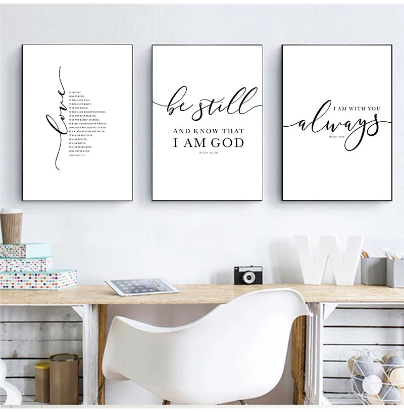 affiche murale texte biblique calligraphie noire toile blanche décoration intérieure minimaliste