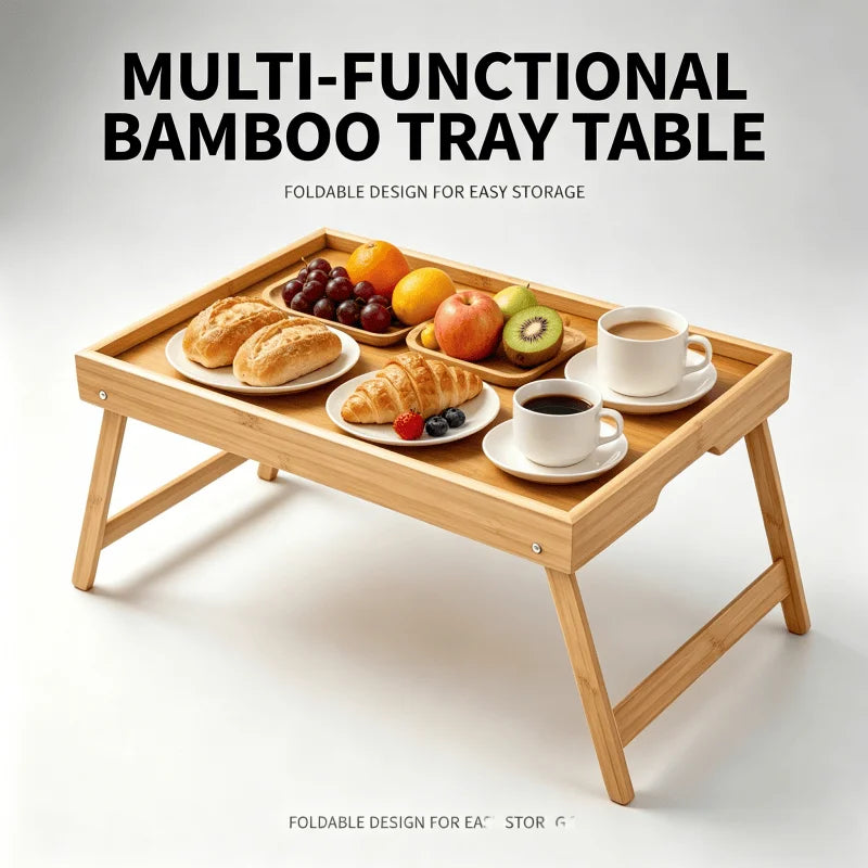 table pliable bois naturel moderne serviette bol tasse assiettes fruits gâteaux portable