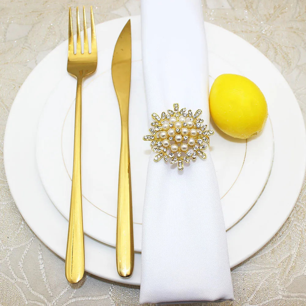 boucle serviette blanches strass dorés classique élégant clips serviettes fourchette couteau citron doré blanc