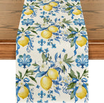 table table lin motif floral citrons fleurs été blanc jaune bleu rustic decoratif farmhouse